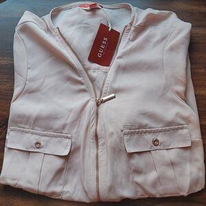 NWT Guess Blush Pink Zip Front Semi Sheer Long Sleeve Blouse Large